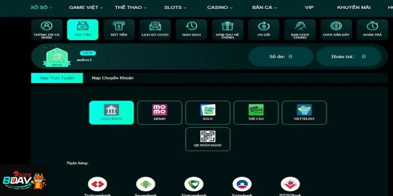 Nhà cái hiện đang hỗ trợ người chơi nạp tiền 8DAY với nhiều hình thức khác nhau.