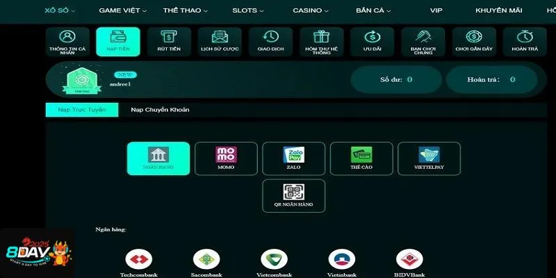 Người chơi có thể rút tiền 8DAY qua nhiều phương thức.
