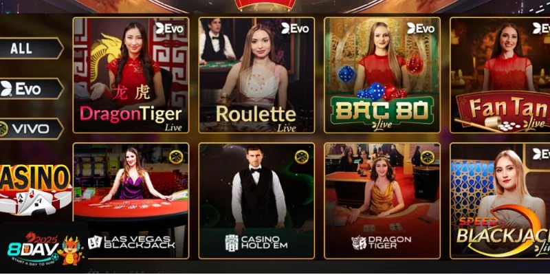 Sảnh chơi Casino tại 8DAY có rất nhiều lựa chọn cược.